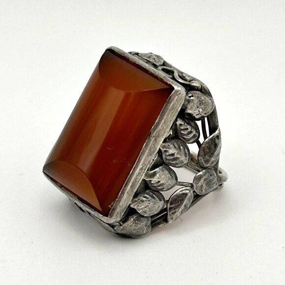 Vintage Sterling Silver Carnelian Dome Cut Ring 9g Leaf Design Boho Size 5.5 - Picture 1 of 15